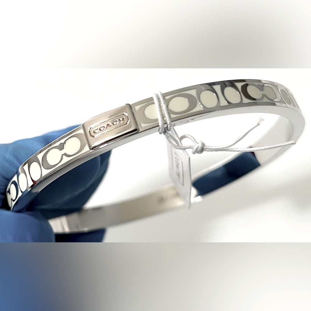 NWT Coach | Thin Signature Embossed Bracelet Bangle | White/Silver-Tone (Cream)